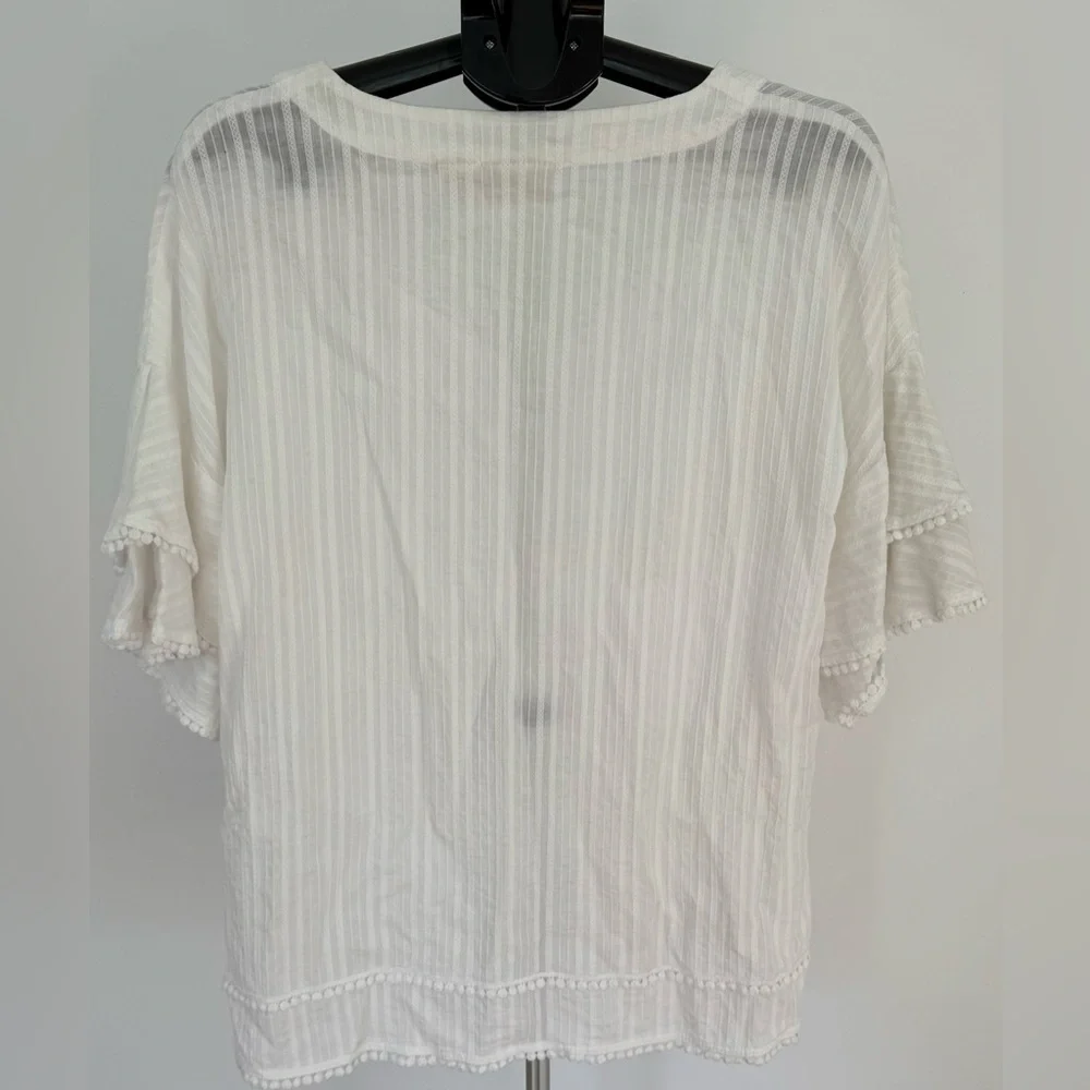 Cynthia Rowley White Sheer Striped Pom-Pom Trim Top | Size Large | Chic & Breezy - Picture 2 of 3